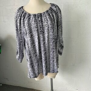 NOTATIONS WOMAN Black White Abstract Print‎ Elastic  neck3/4 Sleeve Top  Size 2X
